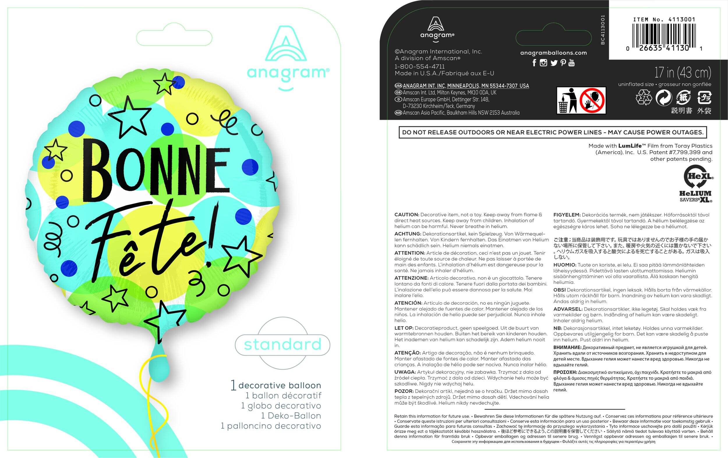 "Bonne FÃÂªte" French Round Satin Foil Balloon, Green/Blue/Yellow, Stars, 18-in, Helium Inflation & Ribbon Included for Birthday Party