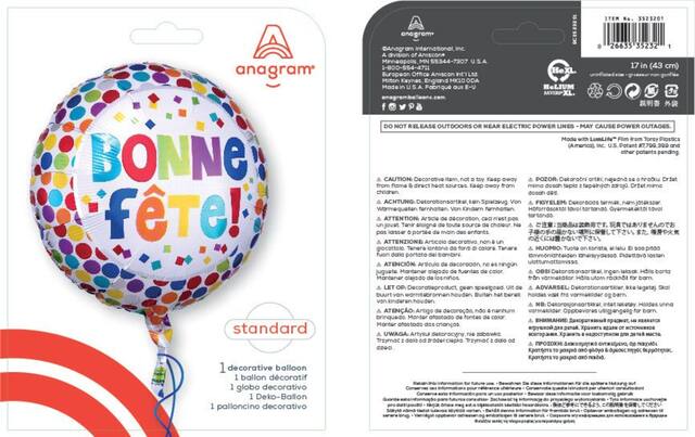 "Bonne FÃÂªte" French Round Satin Foil Balloon, Multi-Coloured, Polka Dot, 18-in, Helium Inflation & Ribbon Included for Birthday Party