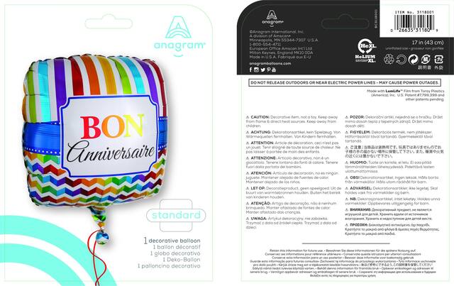 "Bon Anniversaire" French Square Satin Foil Balloon, Multi-Coloured, Striped, 18-in, Helium Inflation & Ribbon Included for Birthday Party