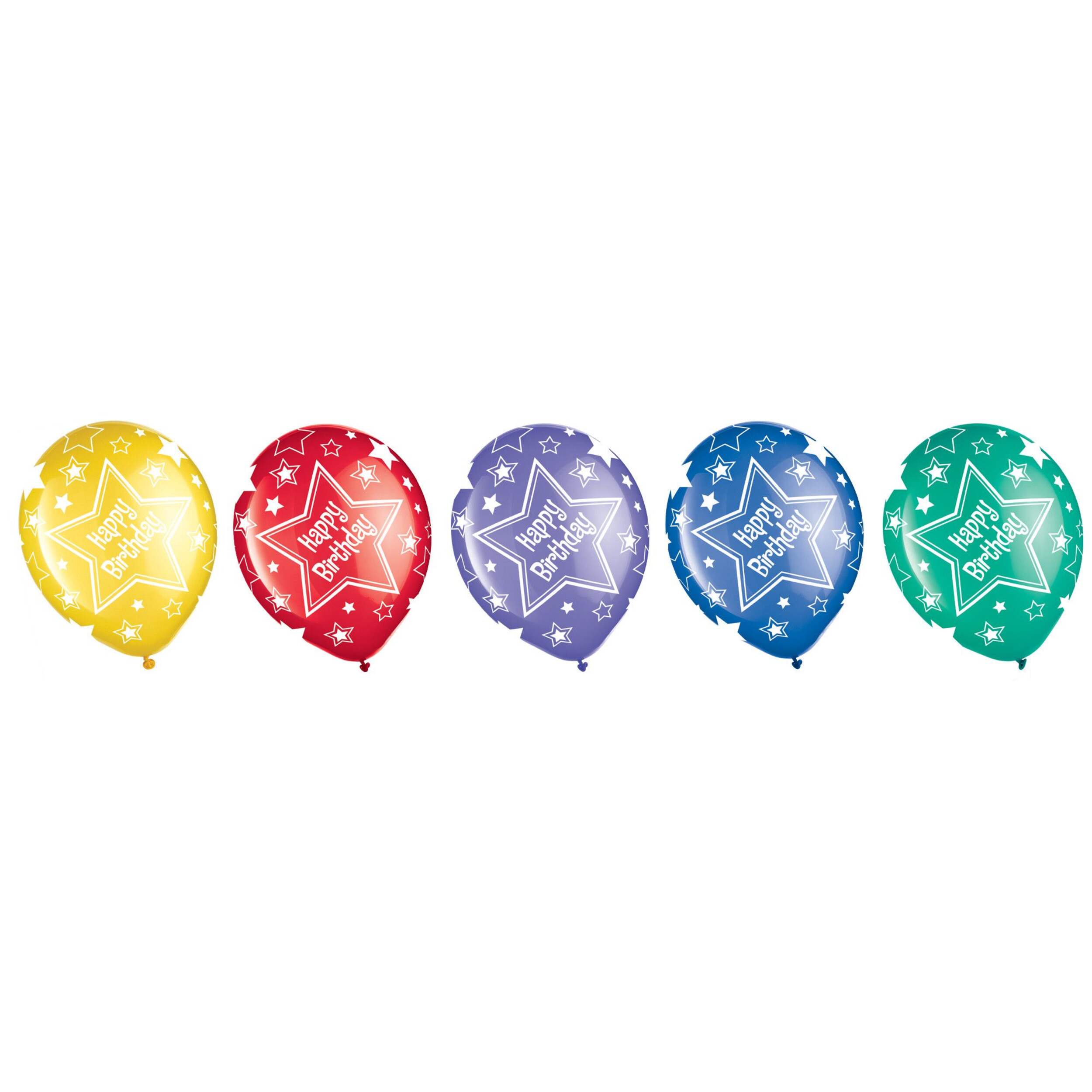 "Happy Birthday" Round Latex Balloons, Yellow/Red/Purple/Blue/Green, Star, 12-in, 20-pk, for Birthday Party