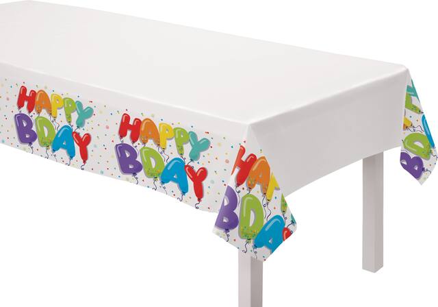 Balloon Birthday "Happy Bday" Rectangle Plastic Reusable Table Cover, White/Multi-Coloured, 54x102-in, for Birthday Party