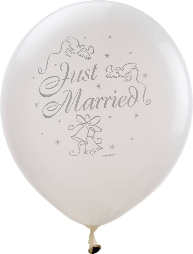 "Just Married" Round Latex Balloons, White/Silver, 12-in, 15-pk, for Wedding