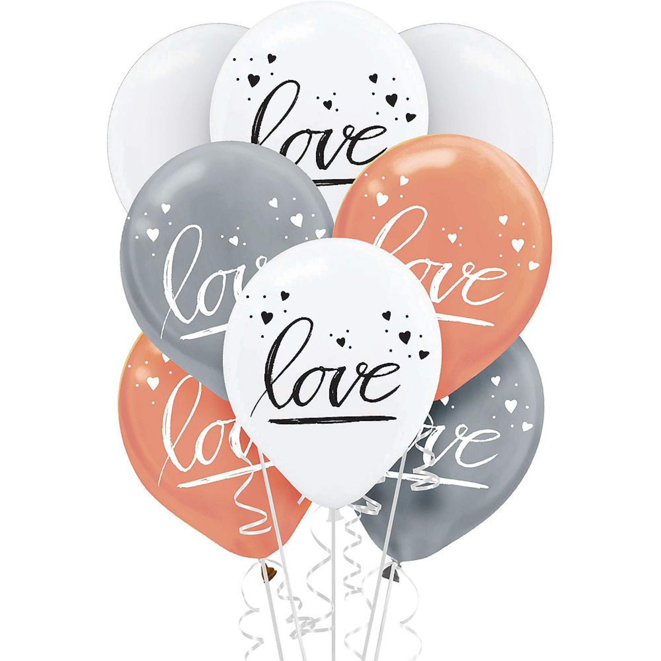 "Love" Round Latex Balloons, Silver/White/Orange, Hearts, 12-in, 15-pk, for Valentine's Day/Anniversary