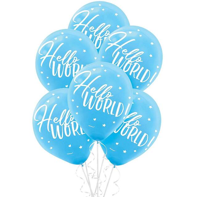 "Hello World" Round Latex Balloons, Blue/White, Star/Heart, 12-in, 15-pk, for Baby Shower