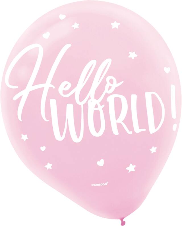 "Hello World" Round Latex Balloons, Pink/White, Star/Heart, 12-in, 15-pk, for Baby Shower