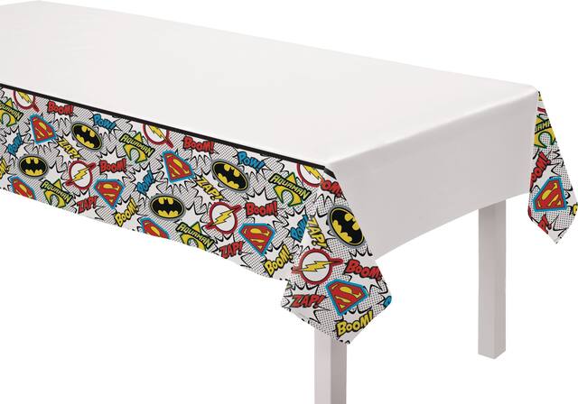 DC Justice League "Boom! Zap! Pow!" Rectangle Plastic Reusable Table Cover, Multi-Coloured, 54x96-in, for Birthday Party