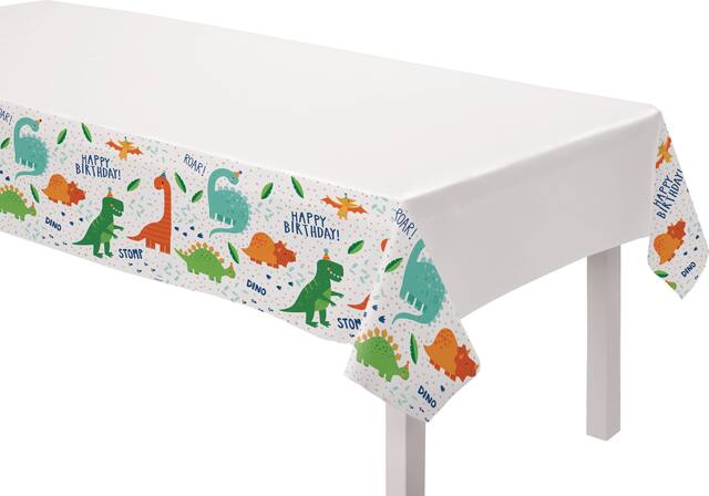 Dino-Mite "Happy Birthday" Rectangle Plastic Reusable Table Cover, Green/Orange/White, 54x96-in, for Birthday Party