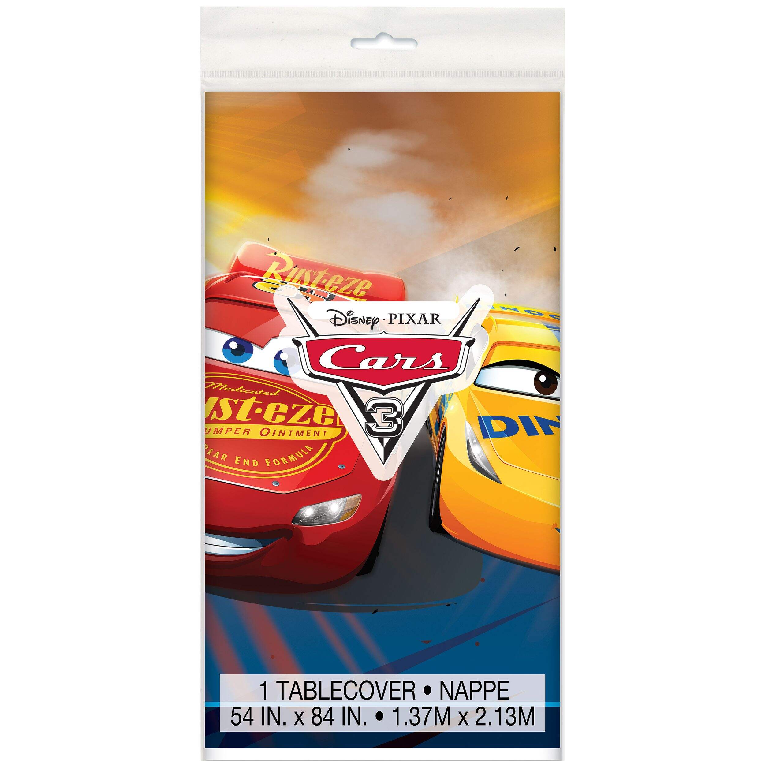 Disney Cars Lightning McQueen Plastic Reusable Table Cover, Blue/Red/Yellow, 54x96-in, for Birthday Party