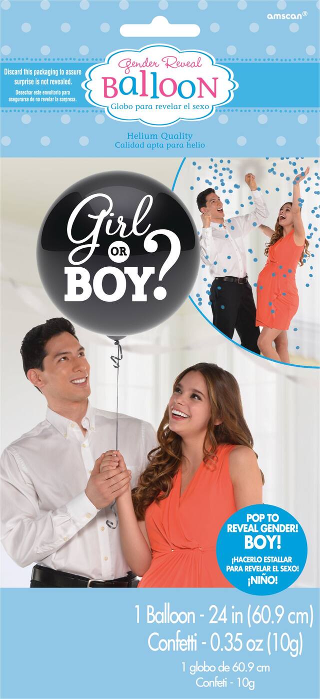 "Girl or Boy?" Round Confetti Latex Gender Reveal Balloon, Black/Blue, 24-in, for Gender Reveal