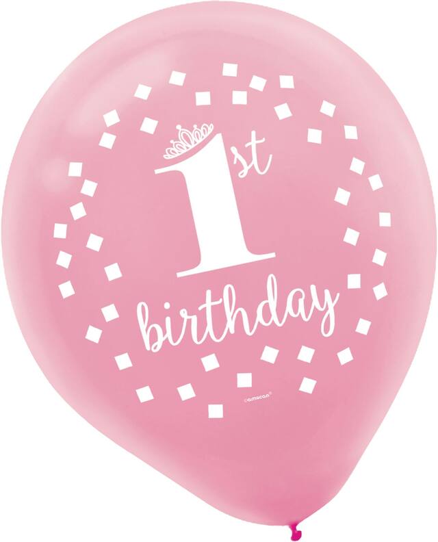 1st Birthday "1" Round Latex Balloons, Gold/Pink, 12-in, 15-pk, for Birthday Party