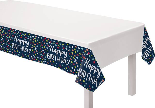A Reason to Celebrate "Happy Birthday" Rectangle Plastic Reusable Table Cover, Navy, 54x102-in, for Birthday Party