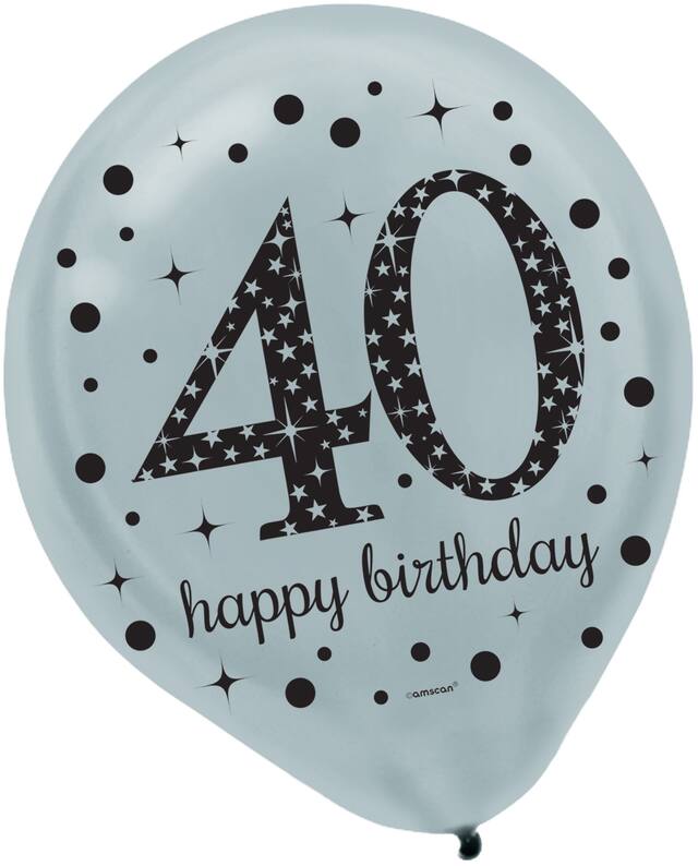 Sparkling Celebration "40 Happy Birthday" Round Latex Balloons, Silver/Black/Gold, Polka Dot, 12-in, 15-pk, for Birthday Party