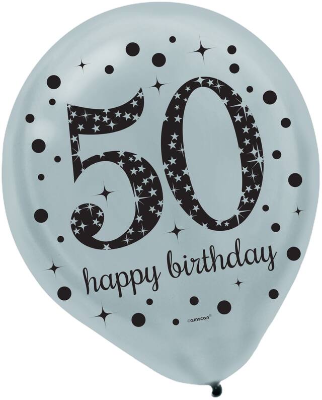 Sparkling Celebration "50 Happy Birthday" Round Latex Balloons, Black/Gold/Silver, Polka Dot, 12-in, 15-pk, for Birthday Party