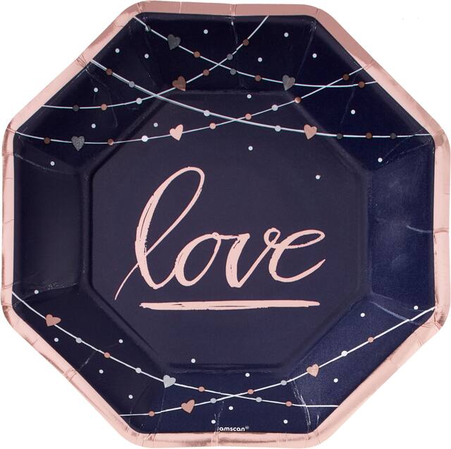 "Love" Hexagon Paper Disposable Dinner Plates, Navy/Rose Gold, 10-in, 8-pk, for Valentine's Day/Anniversary/Engagement