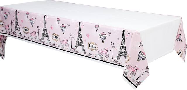 A Day in Paris Rectangle Plastic Reusable Table Cover, White/Pink, 54x102-in, for Birthday Party