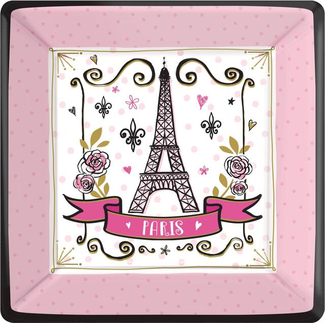 A Day in Paris "Paris" Square Paper Disposable Dinner Plates, Pink, Eiffel Tower, 10-in, 8-pk, for Birthday Party