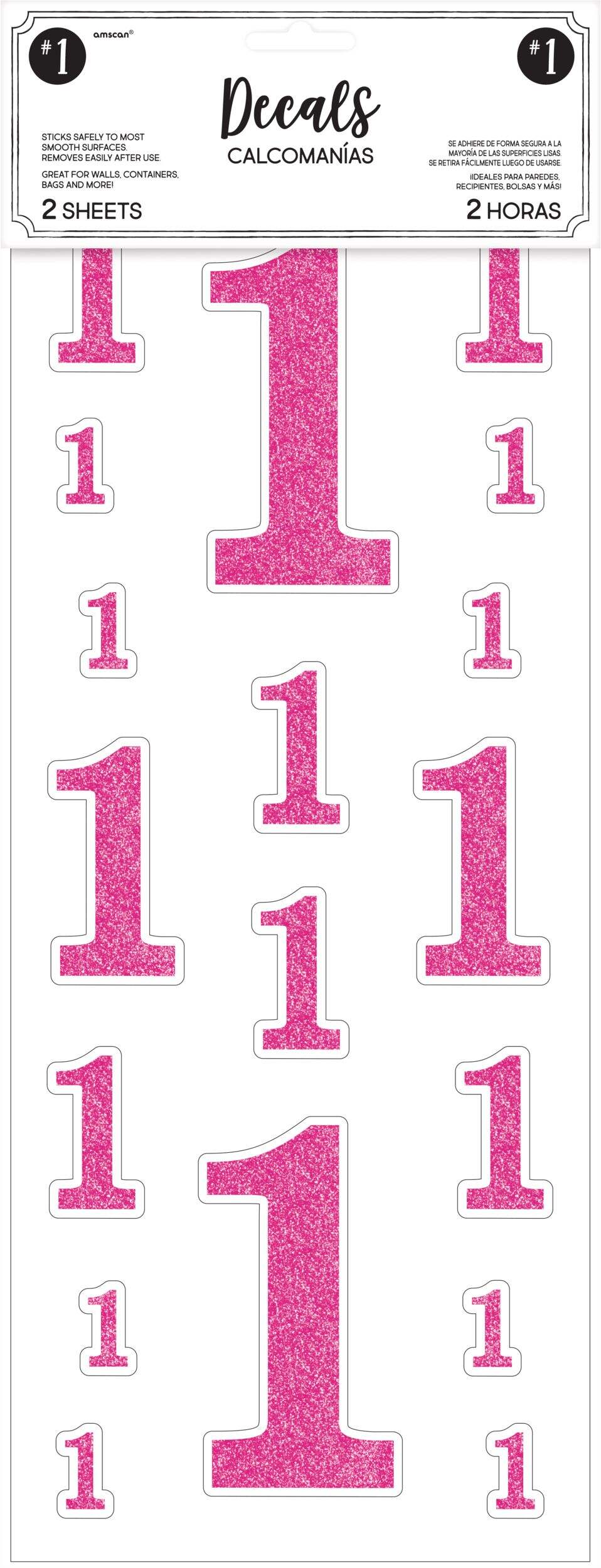 "1" Wall & Window Cling Decal Decorations, Pink, 4-in, 36-pk, for Birthday Party