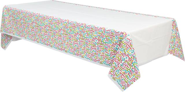 Awesome 80s Rectangle Plastic Reusable Table Cover, White/Multi-Coloured, 54x102-in, for Halloween/Birthday Party