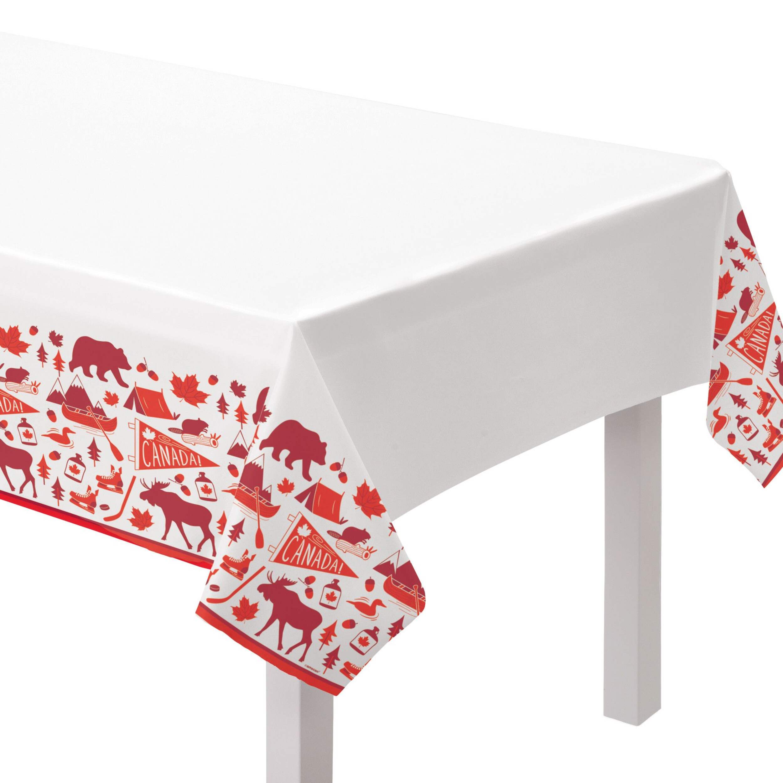 "Canada" Rectangle Plastic Reusable Table Cover, White/Red, 54x84-in, for Canada Day