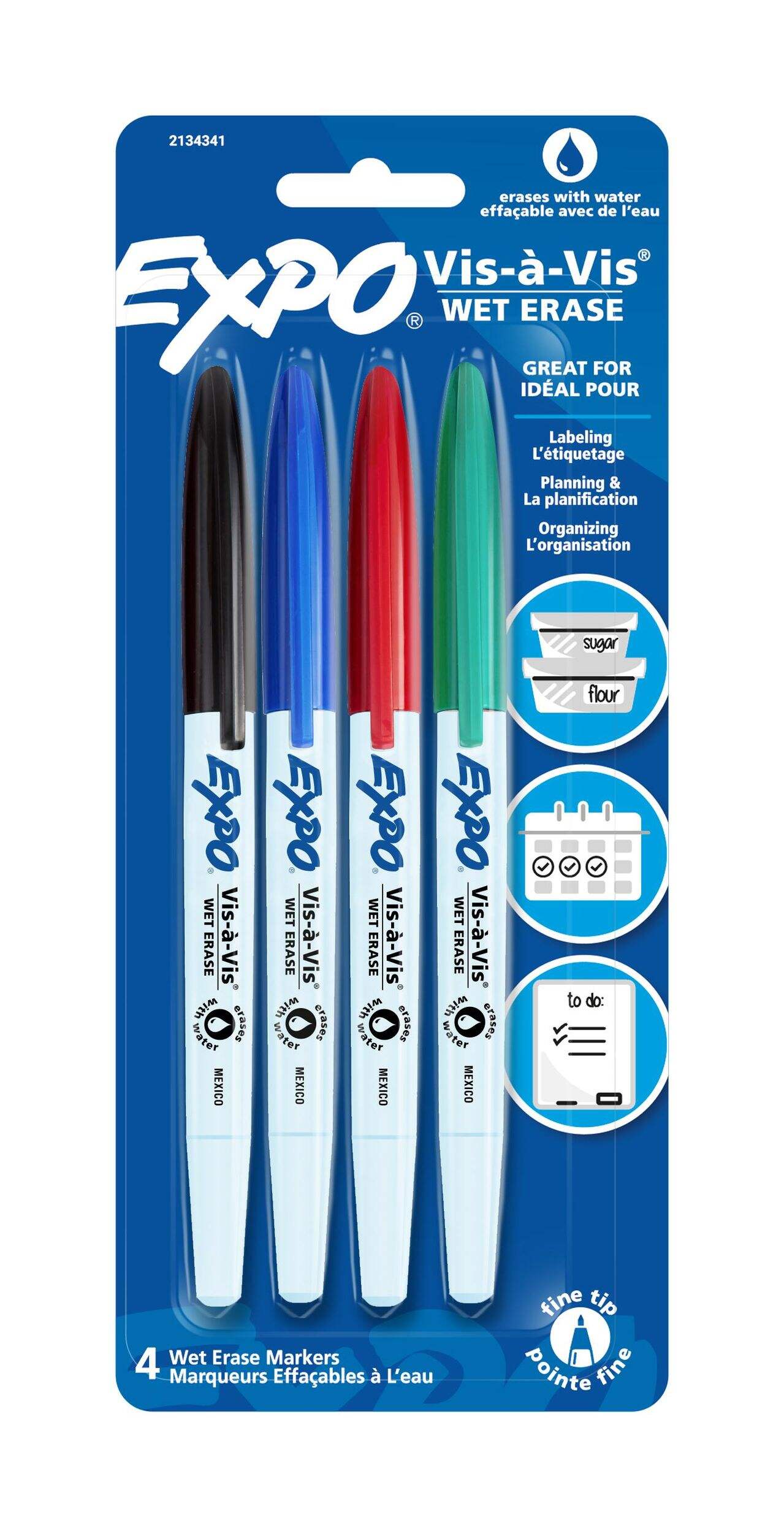 Expo Vis-a-Vis Wet Erase Markers, Fine Point, Assorted Colours, 4 Count