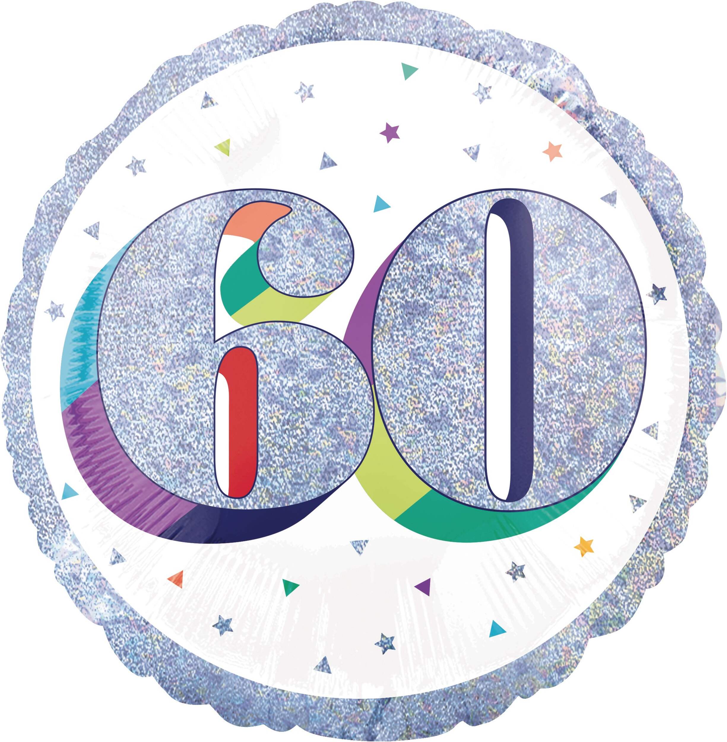 Prismatic Rainbow "60" Round Satin Foil Balloon, White/Silver, 18-in, Helium Inflation & Ribbon Included for Birthday Party