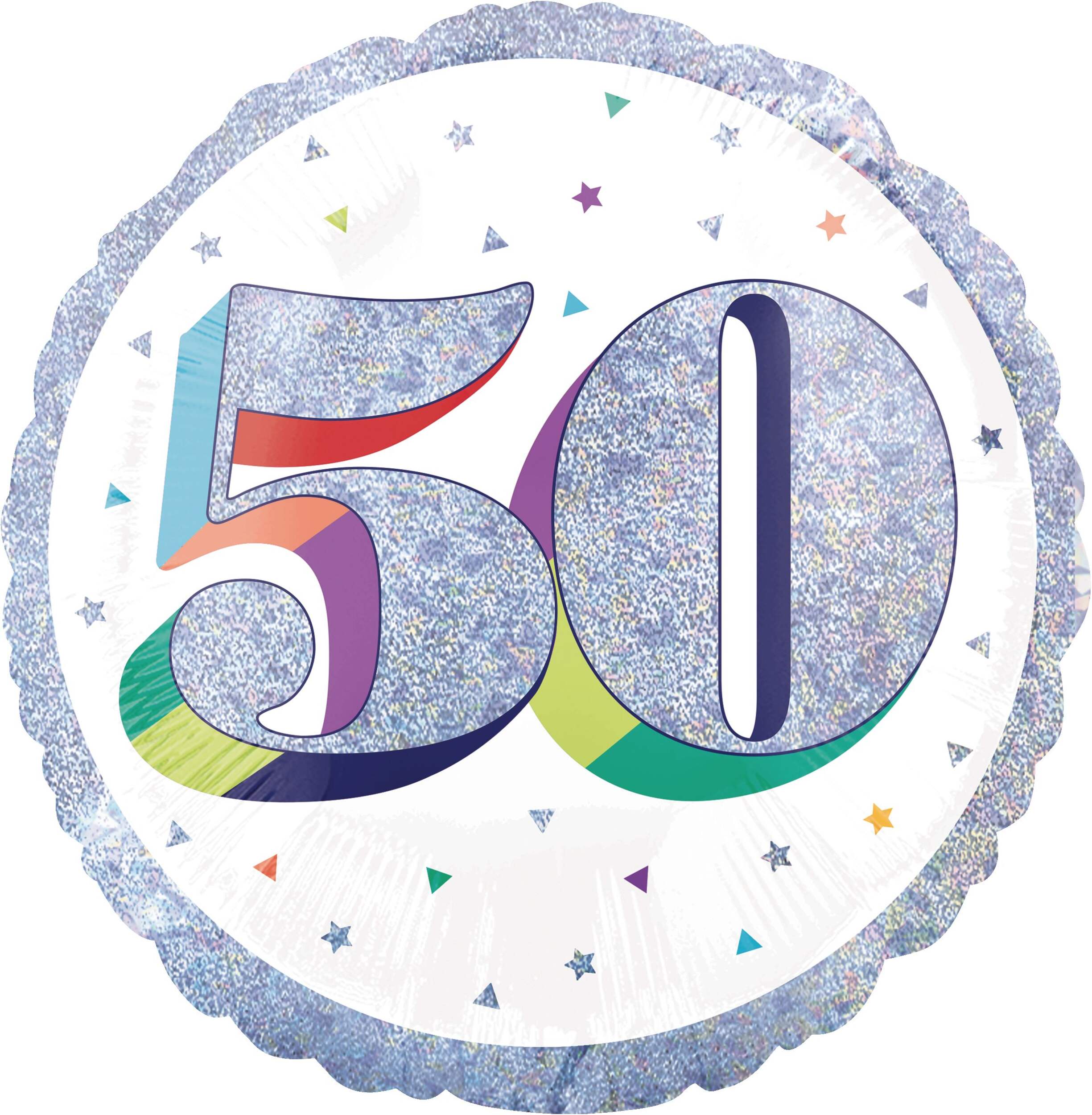 Prismatic Rainbow "50" Round Satin Foil Balloon, White/Silver, 18-in, Helium Inflation & Ribbon Included for Birthday Party