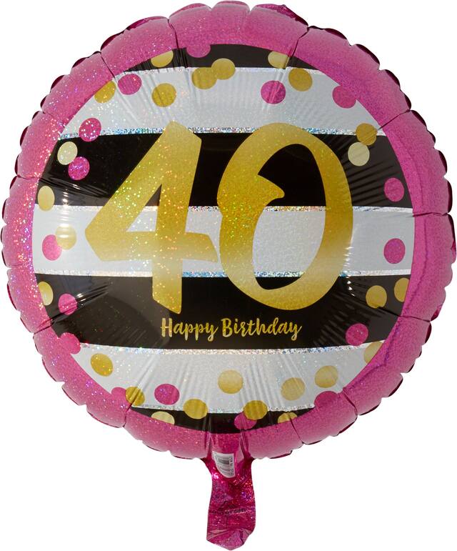 Prismatic Pink & Gold "40 Happy Birthday" Round Satin Foil Balloon, Black/White, 17.5-in, Helium Inflation & Ribbon Included for Birthday Party