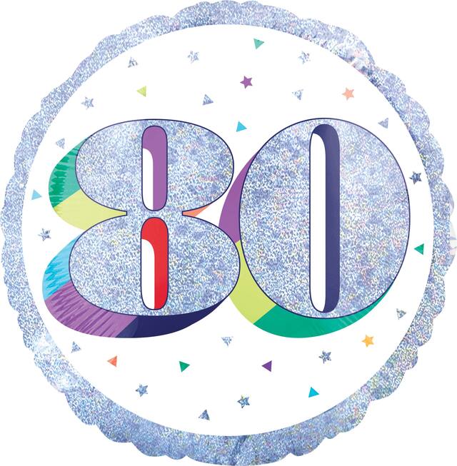 Prismatic Rainbow "80" Round Satin Foil Balloon, White/Silver, 18-in, Helium Inflation & Ribbon Included for Birthday Party