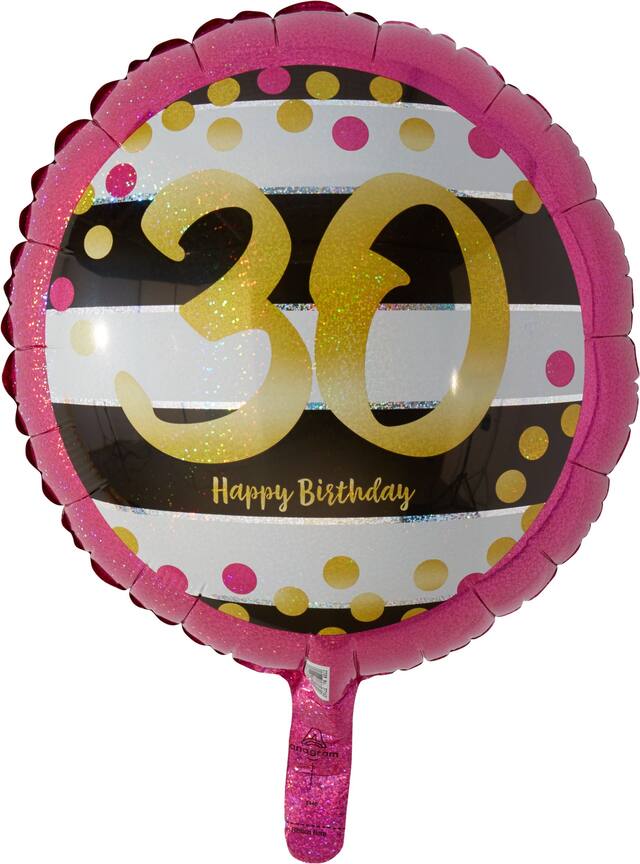 Prismatic Pink & Gold "30 Happy Birthday" Round Satin Foil Balloon, Black/White, 17.5-in, Helium Inflation & Ribbon Included for Birthday Party