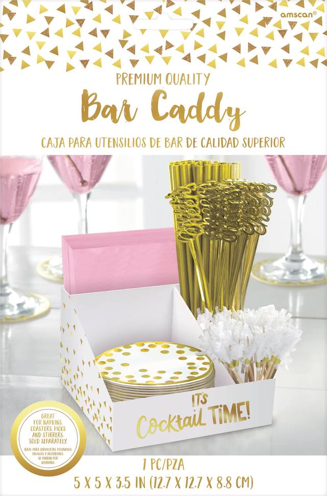 "It's Cocktail Time" Paper Bar Caddy, Gold/White, 5-in, for New Year's Eve