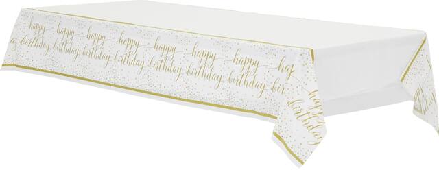 Confetti Fun "Happy Birthday" Rectangle Plastic Reusable Table Cover, Gold/White, 54x102-in, for Birthday Party