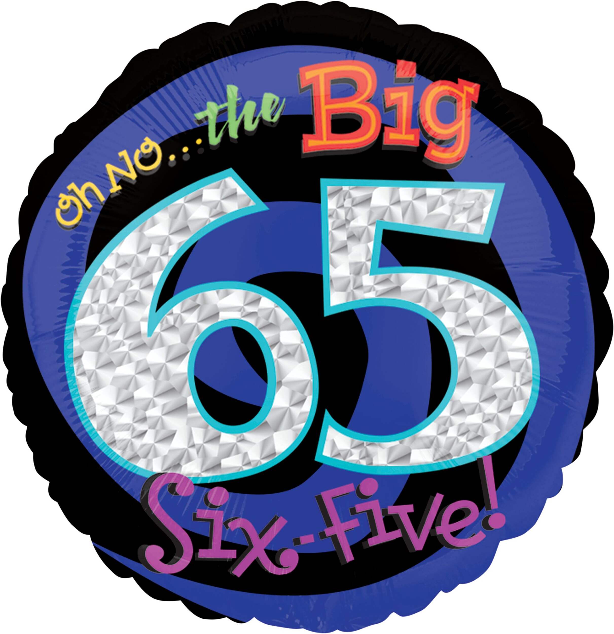 "Oh No..The Big 65" Round Satin Foil Balloon, Black/Blue, Swirl, 18-in, Helium Inflation & Ribbon Included for Birthday Party