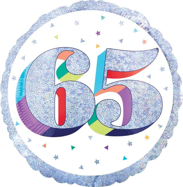 Prismatic Rainbow "65" Round Satin Foil Balloon, White/Silver, 18-in, Helium Inflation & Ribbon Included for Birthday Party