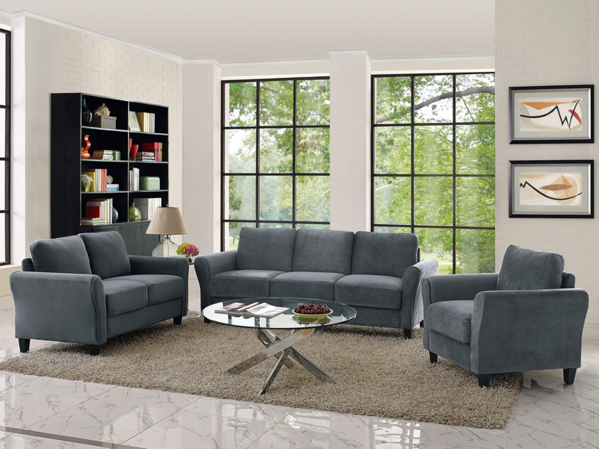 Westin Rolled Arm Sofa Set, Dark Grey, 3-pc