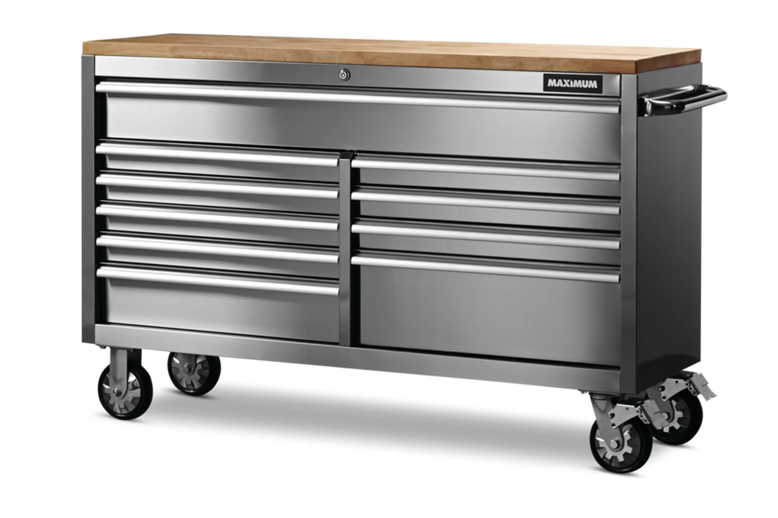 MAXIMUM Butcher Block Top Rolling Tool Storage Cabinet with 10 Drawers, Stainless Steel, 56-in