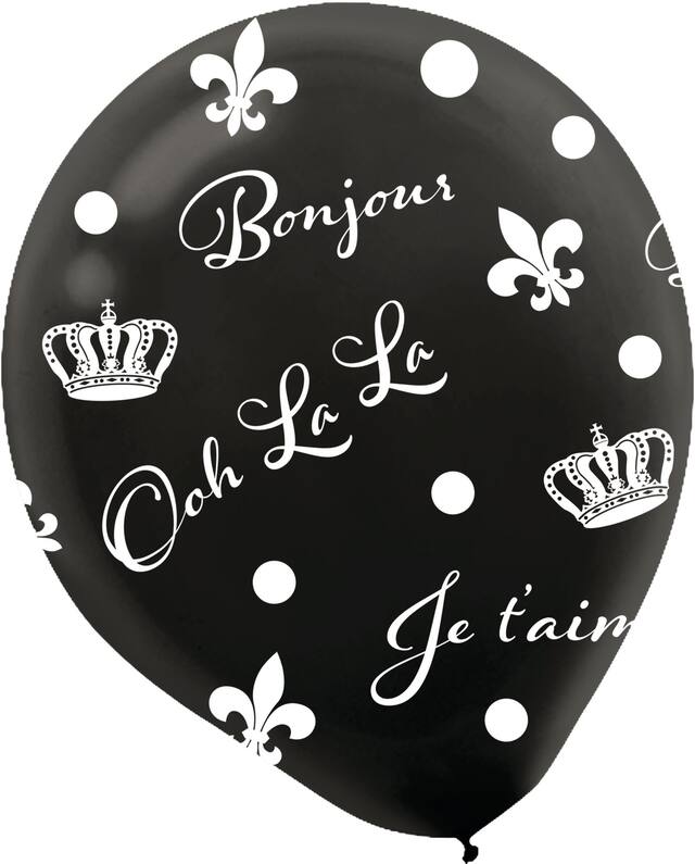 A Day in Paris "Bonjour" French Round Latex Balloons, Black/White, 12-in, 6-pk, for Birthday Party