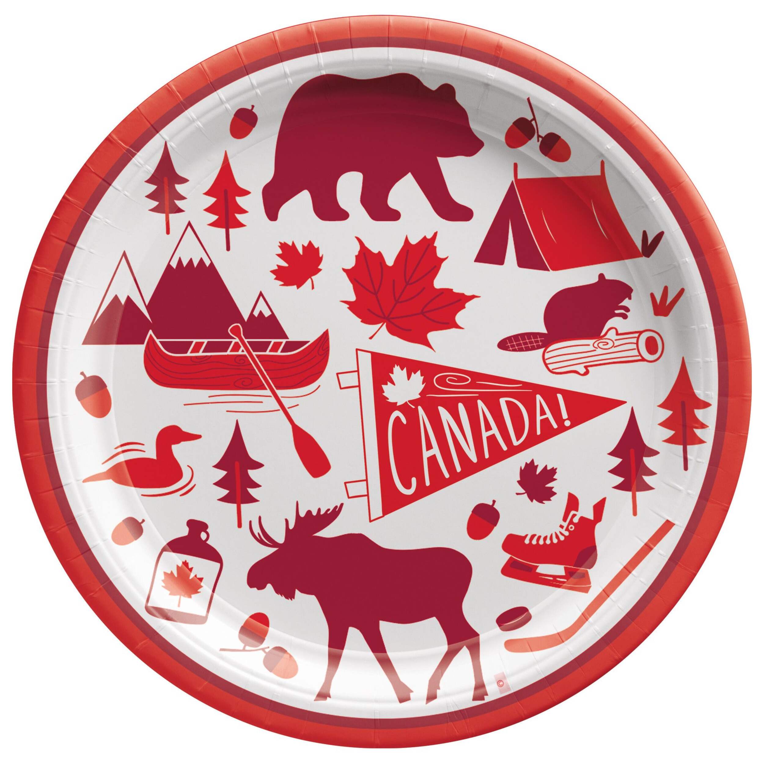 "CANADA!" Round Paper Disposable Lunch Plates, Red/White, 9-in, 10-pk, for Canada Day