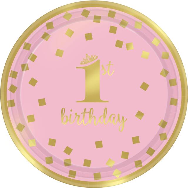 "1st Birthday" Round Paper Disposable Dessert Plates, Pink/Gold, 7-in, 8-pk, for Birthday Party