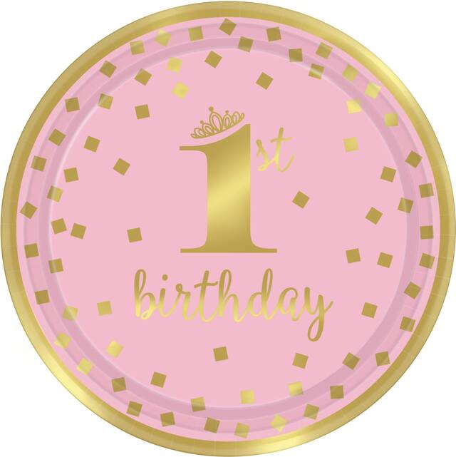 "1st Birthday" Round Paper Disposable Lunch Plates,Pink/Gold, 9-in, 8-pk, for Birthday Party