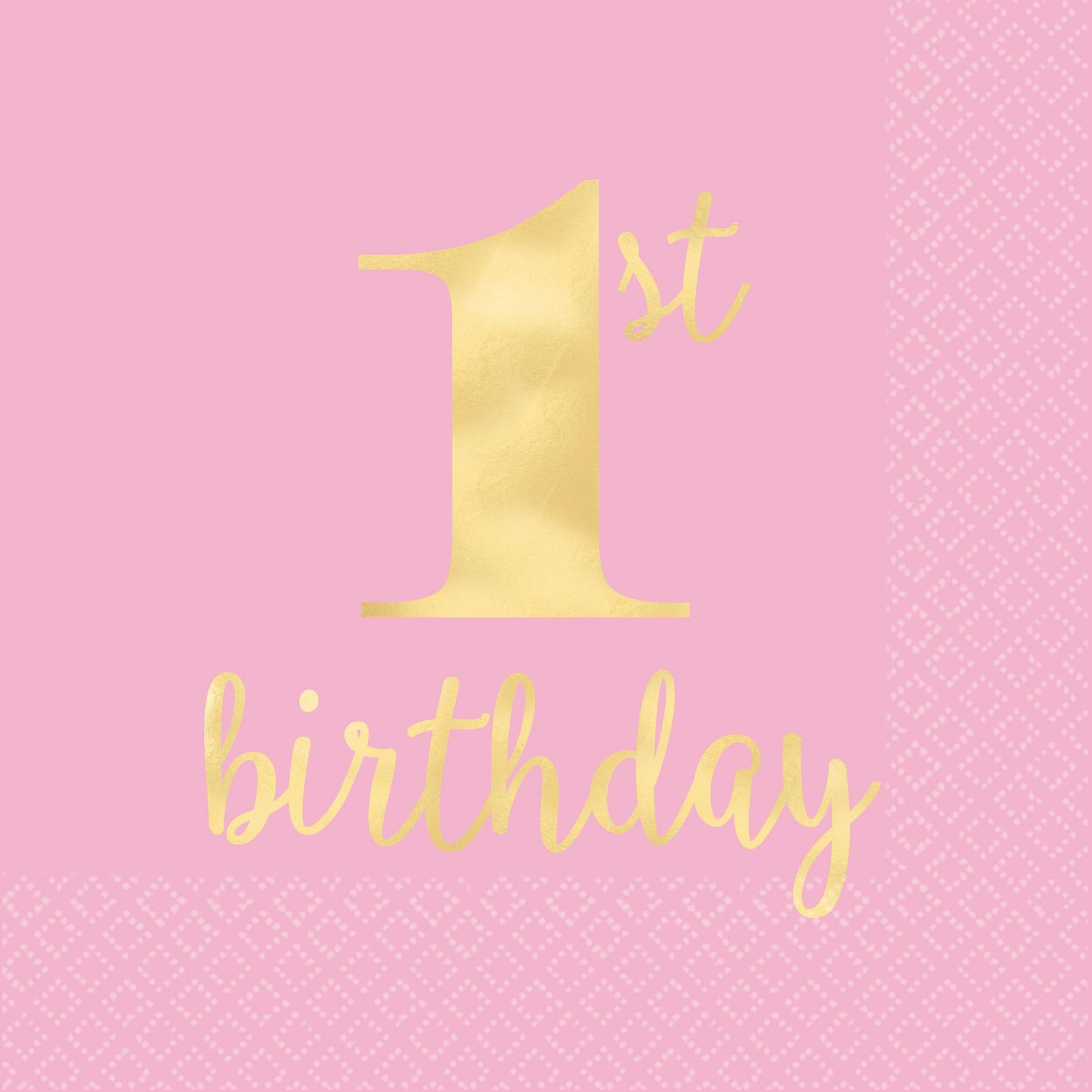 "1st Birthday" Square Paper Disposable Lunch Napkins, Pink/Gold, 6.5-in, 16-pk, 2-ply, for Birthday Party