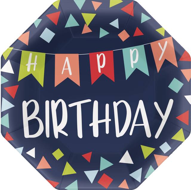 A Reason to Celebrate "Happy Birthday" Hexagon Paper Disposable Dessert Plates, Navy, 7-in, 8-pk, for Birthday Party