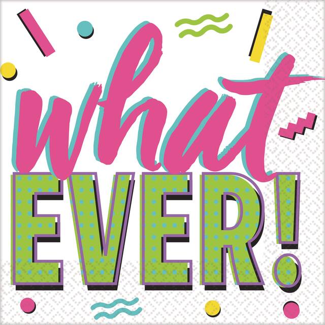 Awesome 80s "Whatever!" Square Paper Disposable Lunch Napkins, Pink/Green, 6.5-in, 16-pk, 2-ply, for Halloween/Birthday Party