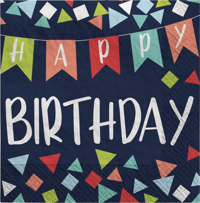 A Reason to Celebrate "Happy Birthday" Square Paper Disposable Beverage Napkins, Navy, 5-in, 16-pk, 2-ply, for Birthday Party