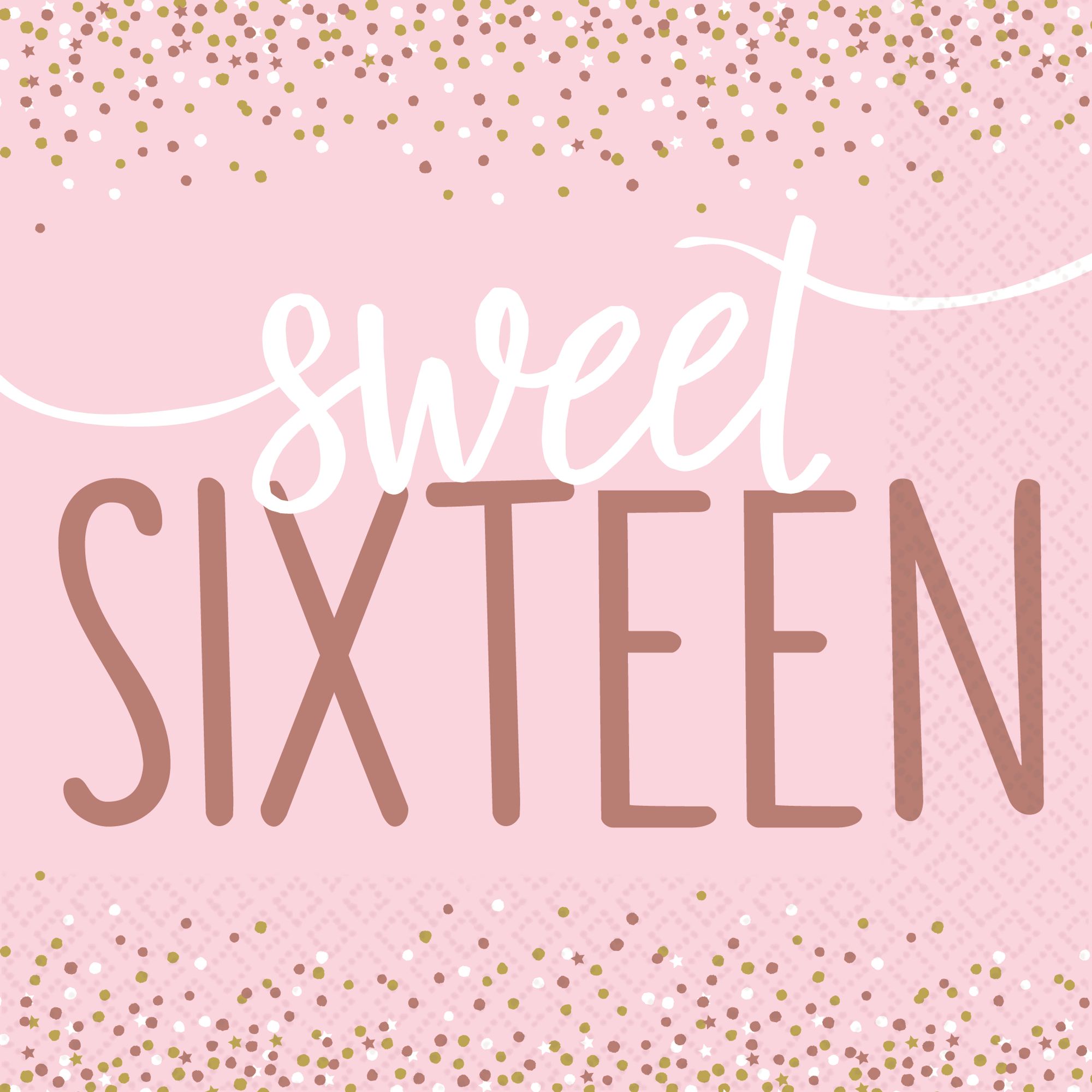 "Sweet Sixteen" Square Paper Disposable Lunch Napkins, Rose Gold/Pink, 6.5-in, 16-pk, 2-ply, for Birthday Party