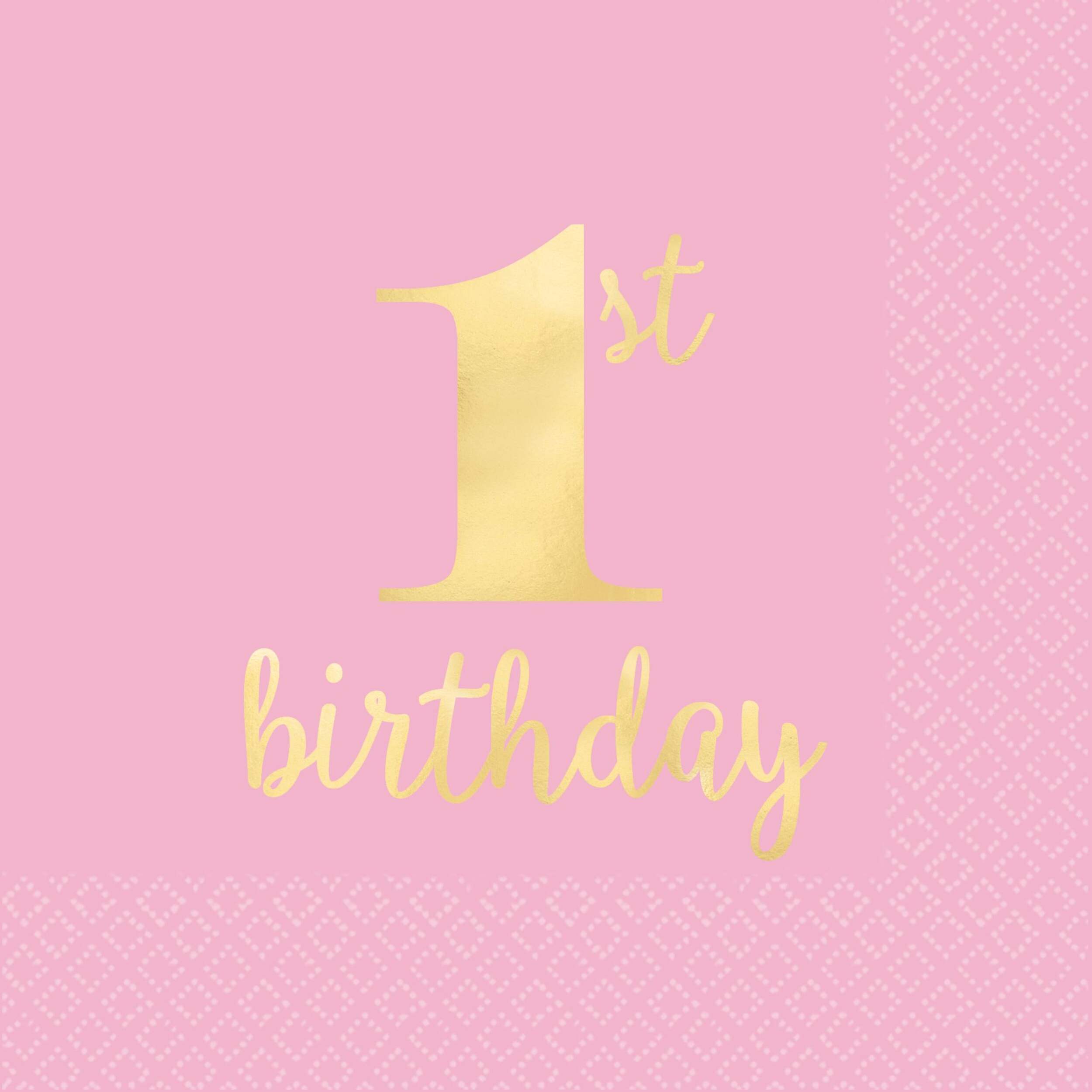 "1st Birthday" Square Paper Disposable Beverage Napkins, Pink/Gold, 5-in, 16-pk, 2-ply, for Birthday Party