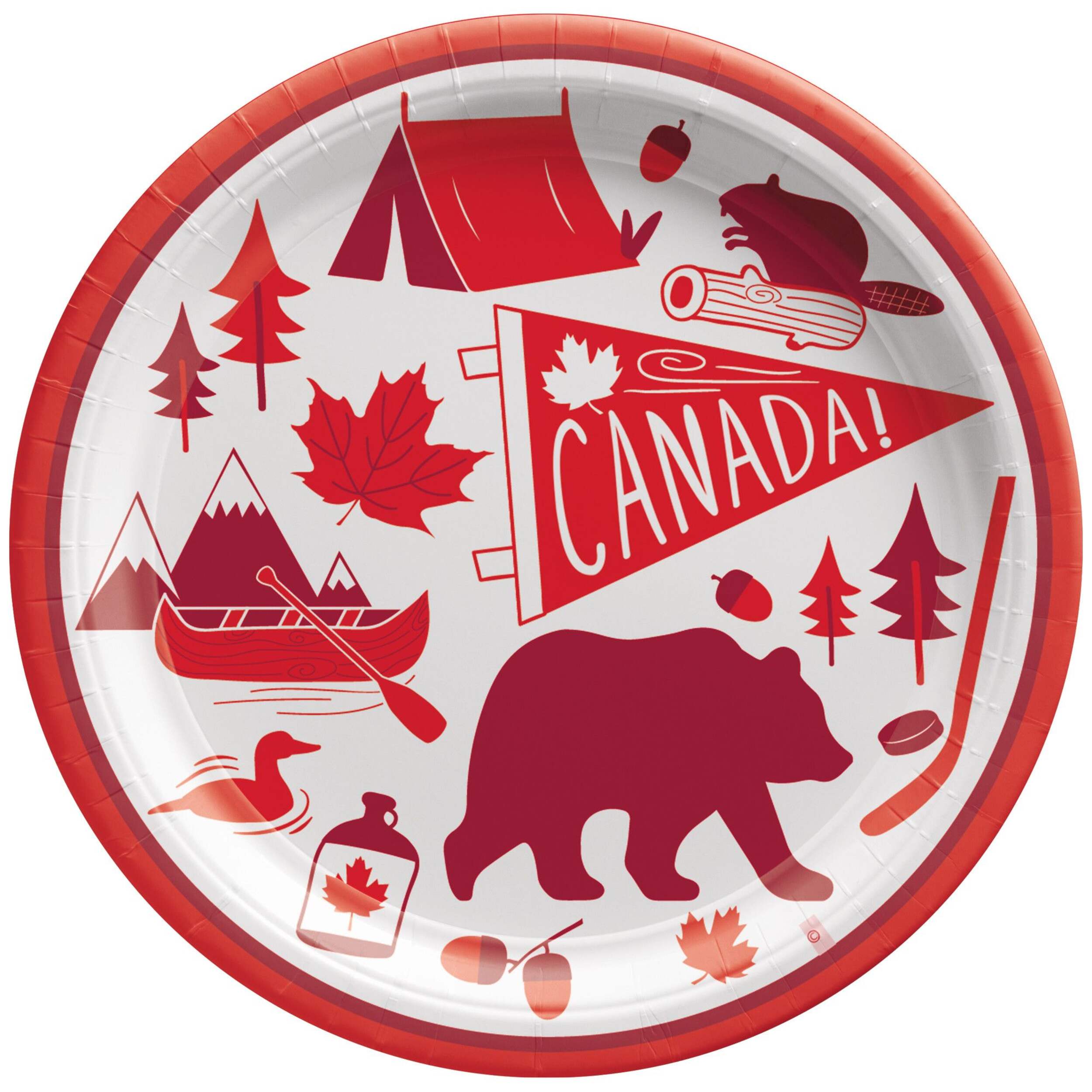 "CANADA!" Round Paper Disposable Dessert Plates, Red/White, 7-in, 12-pk, for Canada Day