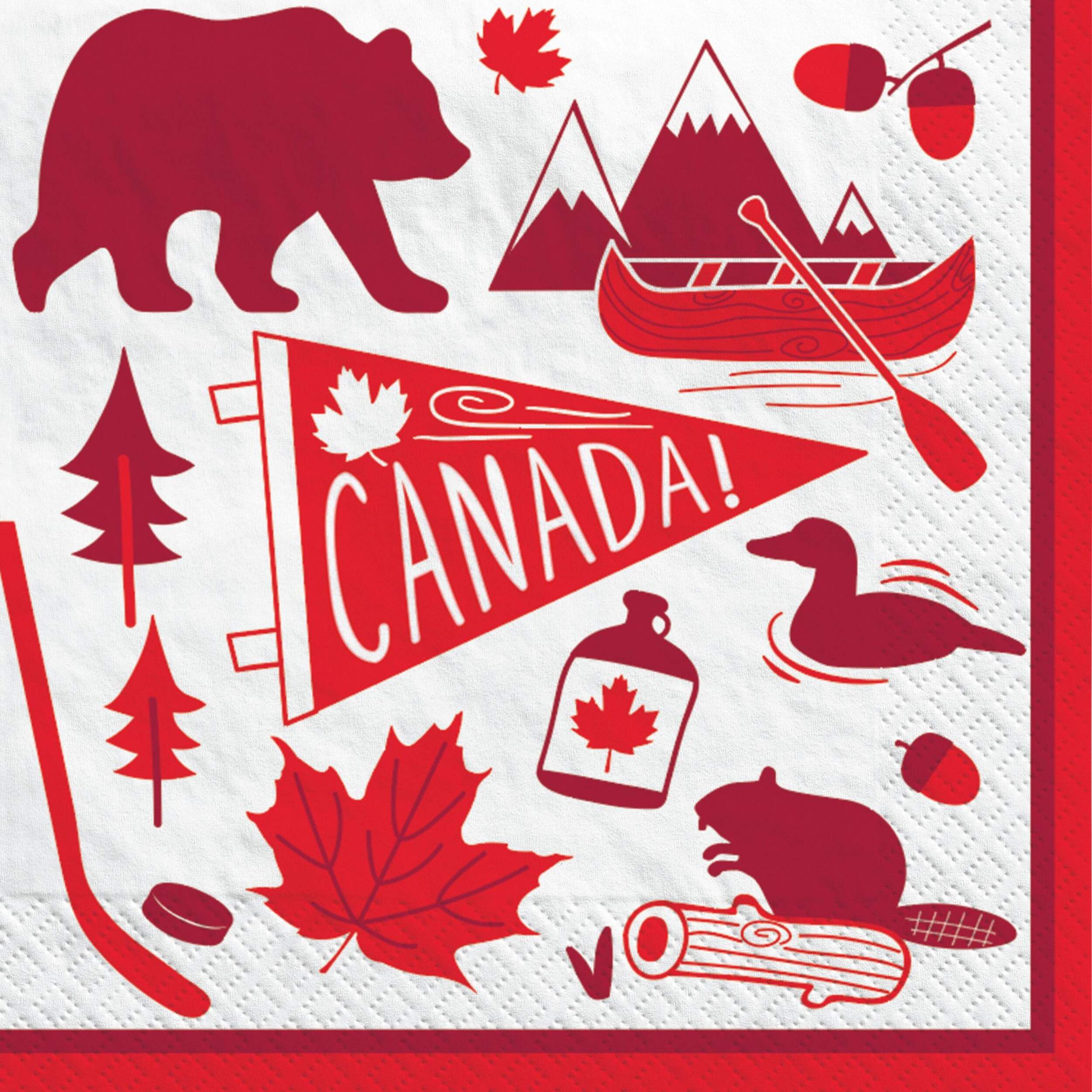 "Canada" Square Paper Disposable Beverage Napkins, Red, 5-in, 30-pk, 2-ply, for Canada Day