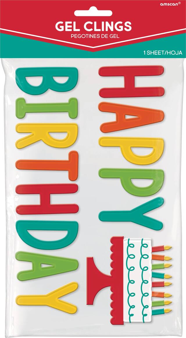 "Happy Birthday" Wall & Window Gel Cling Decal Decorations, Multi-Coloured, 2-in, 14-pk, for Birthday Party