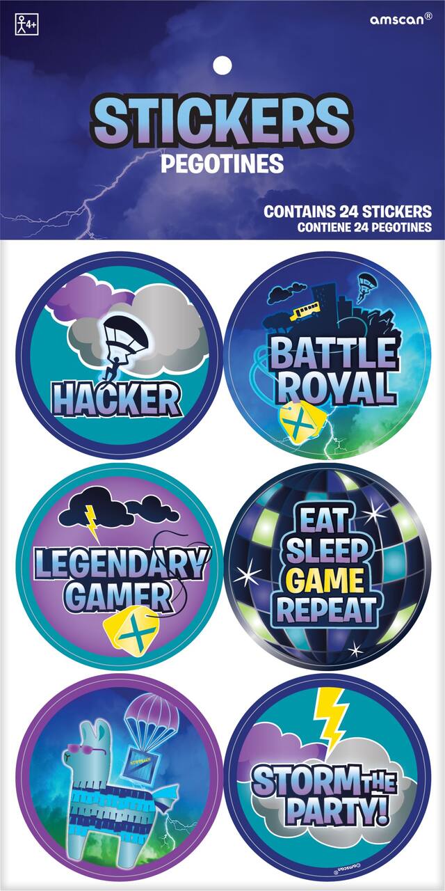 Battle Royal "Eat Sleep Game Repeat" Sticker Variety Pack, Blue/Purple/Yellow, 4 Sheets, 24-pk, for Arts & Crafts/Birthday Favour