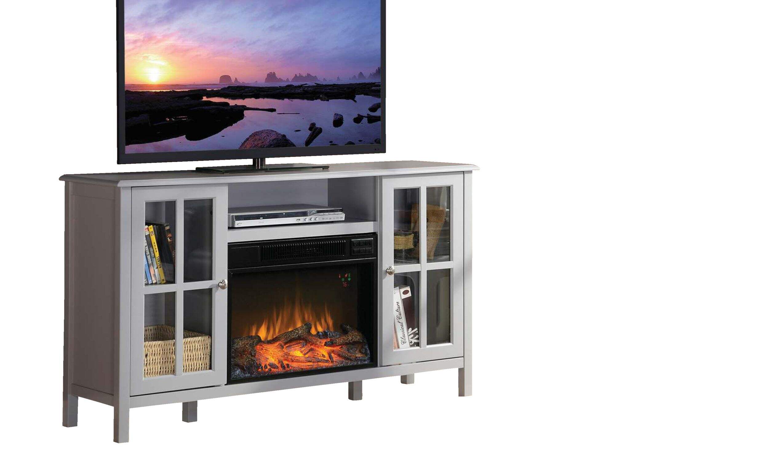 MasterFlame Electric Fireplace TV Stand, 55.5-in, 1500W, Includes Remote Control, Grey